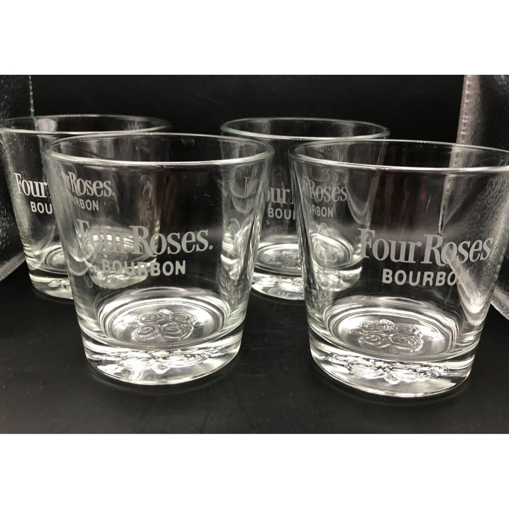 Four Roses Bourbon Whiskey Etched Glasses Set of 4 Embossed Rose Bottom 6 oz KY